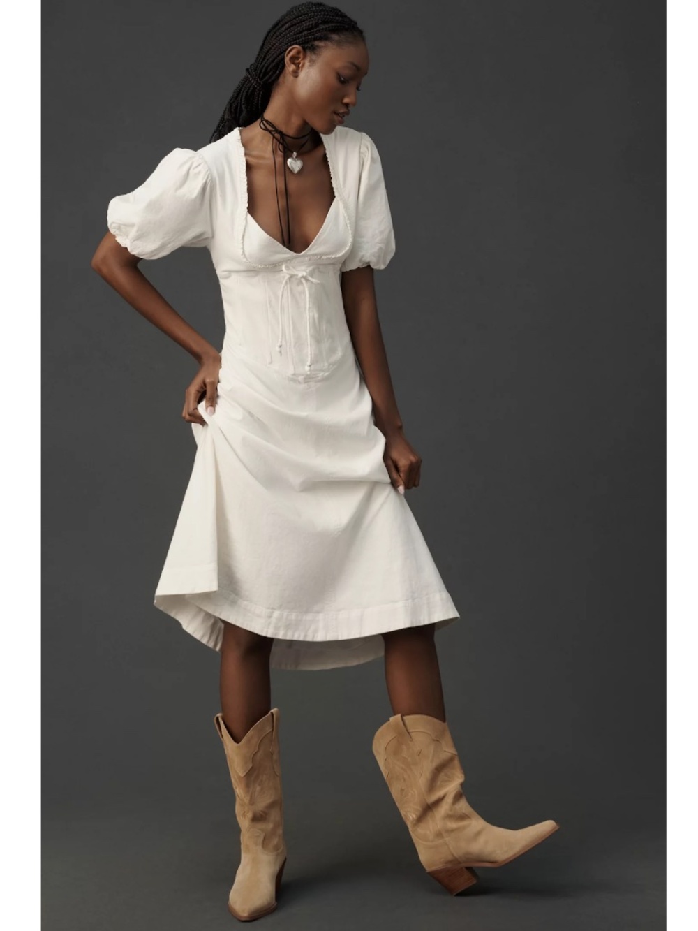 $178 NWT Anthropologie Maeve Puff-Sleeve Corset Linen Midi Dress M White